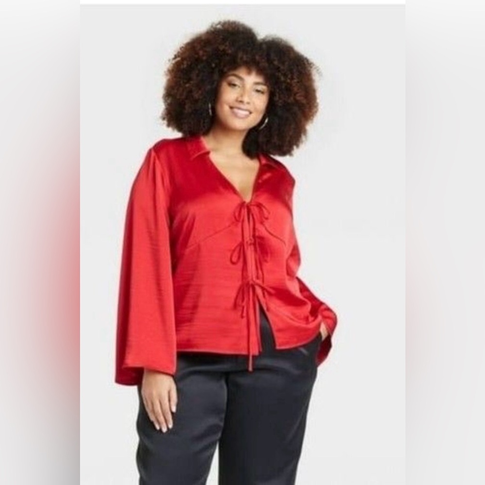 A New Day Sz Large Womens Red Satin Tie Front Long Sleeve Blouse Red NWT